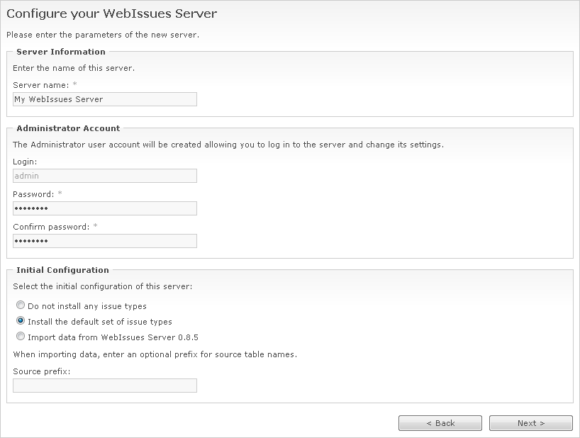 Parameters of the new server