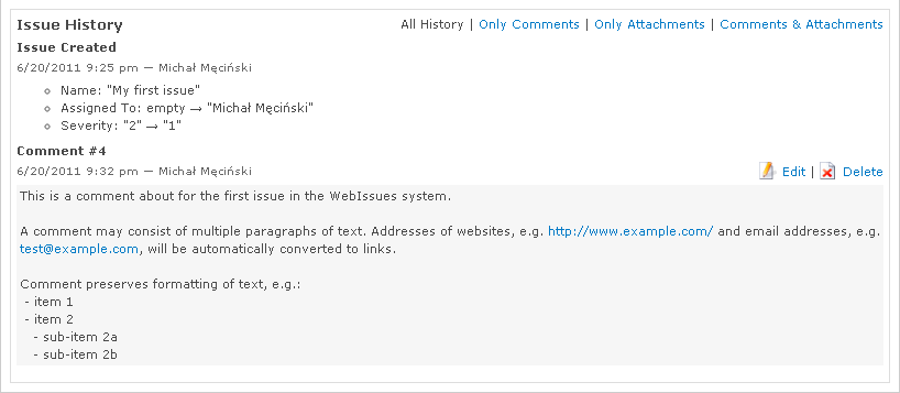 Issue history with a comment